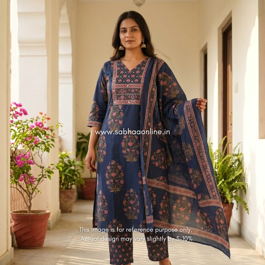 Shakthi - Navy Blue and Pink Sanganeri Print Cotton kurti 3pc set with lining - LN 68