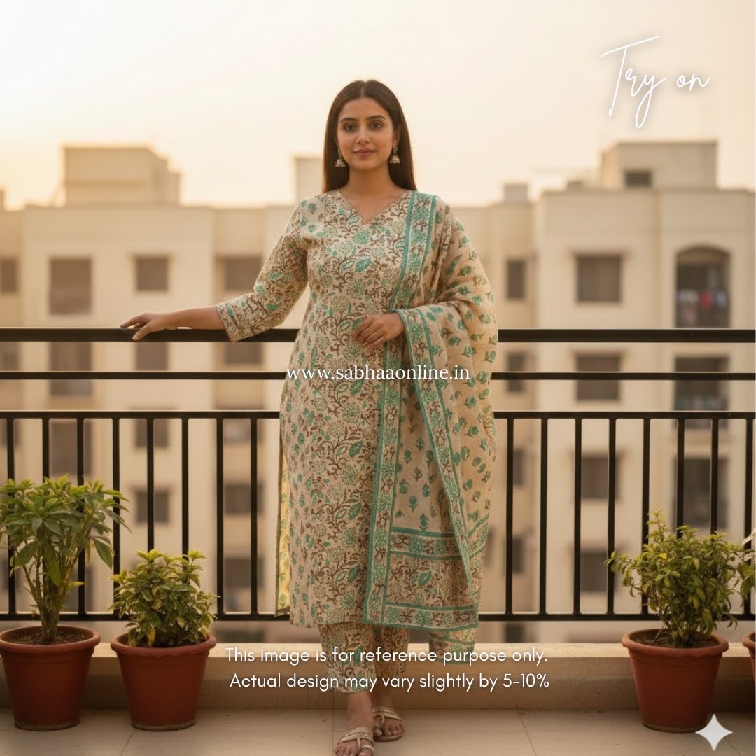 Sana - Cream and Teal Cotton kurti 3pc set with lining - LN26