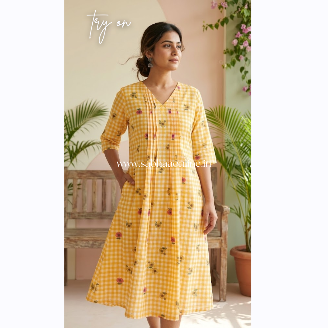 Poppy - Mango Yellow checkered floral Cotton Anarkali kurti /Frock - LN 71