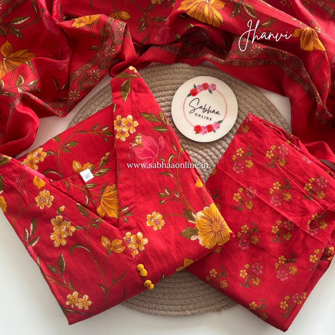 Jhanvi - Tomato Red Cotton kurti 3pc set with lining - LN 32