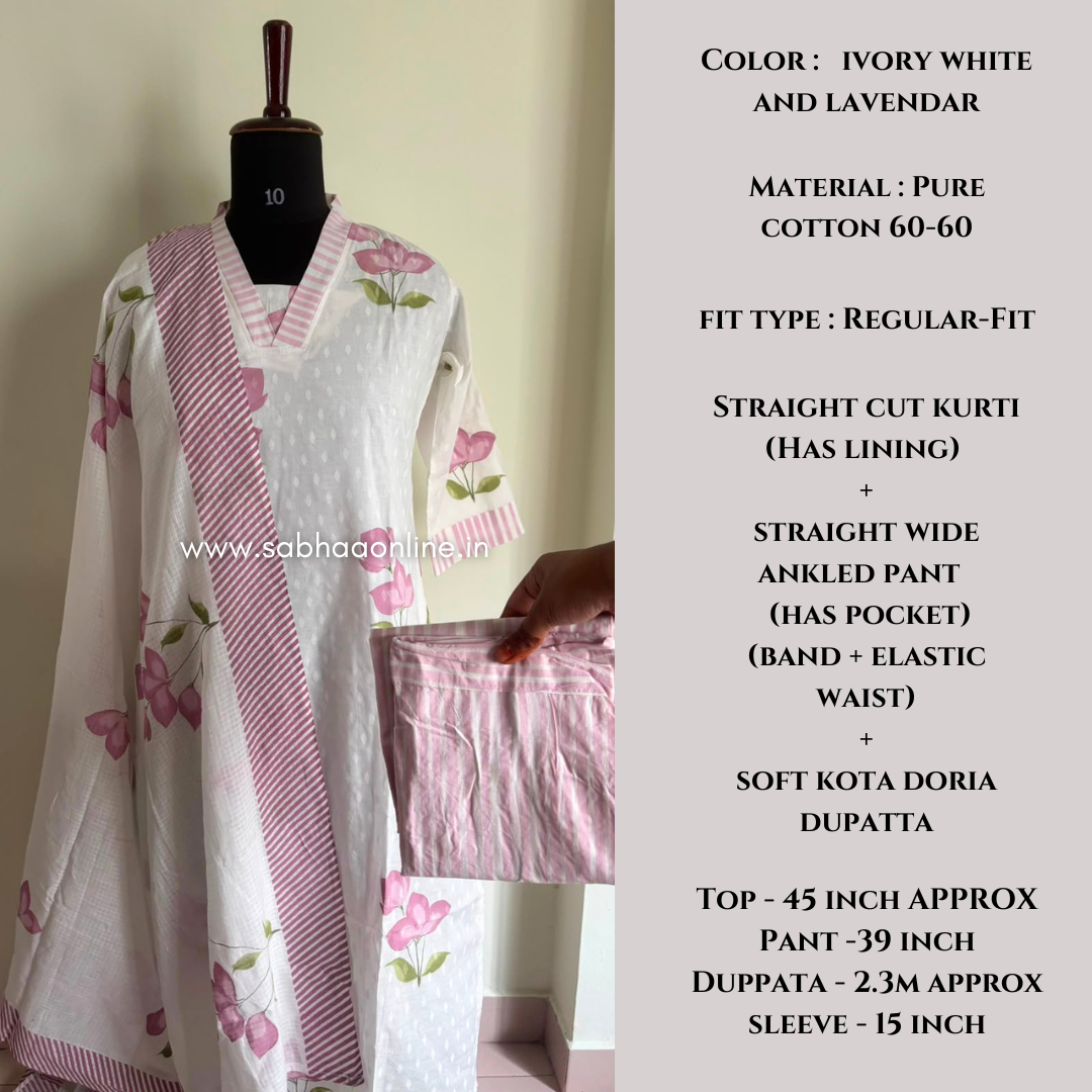 Evie - Ivory white and Lavendar Brush painted Cotton kurti 3pc set with lining - LN 68