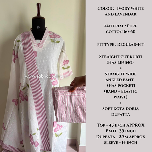 Evie - Ivory white and Lavendar Brush painted Cotton kurti 3pc set with lining - LN 68