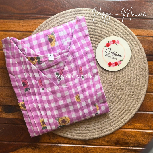 Poppy - Mauve/Dusty pink-purple Checkered floral Cotton Anarkali kurti /Frock - LN 71