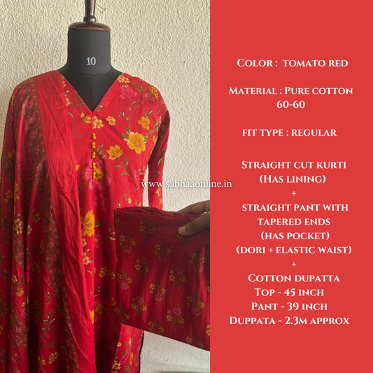 Jhanvi - Tomato Red Cotton kurti 3pc set with lining - LN 27