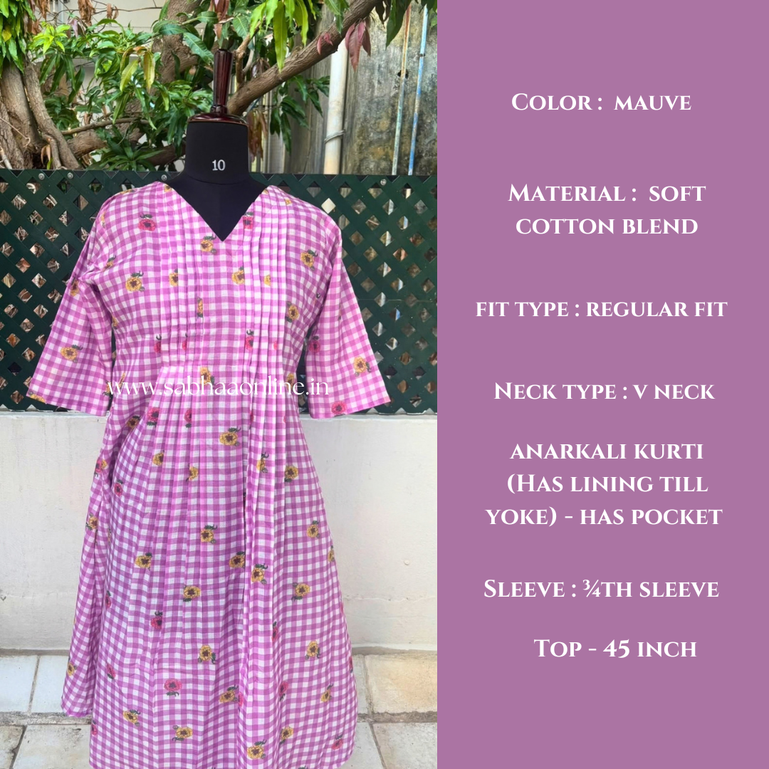 Poppy - Mauve/Dusty pink-purple Checkered floral Cotton Anarkali kurti /Frock - LN 71