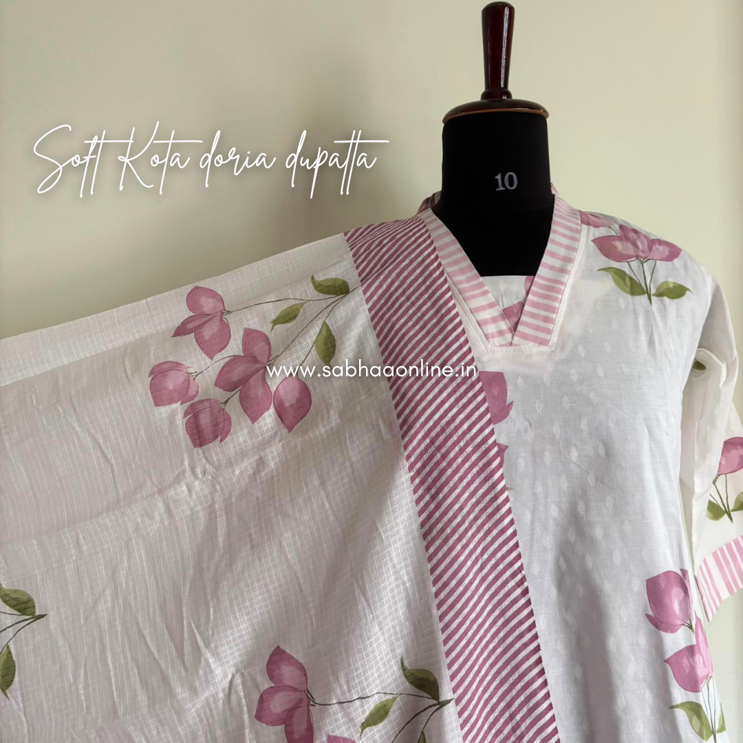 Evie - Ivory white and Lavendar Brush painted Cotton kurti 3pc set with lining - LN 68