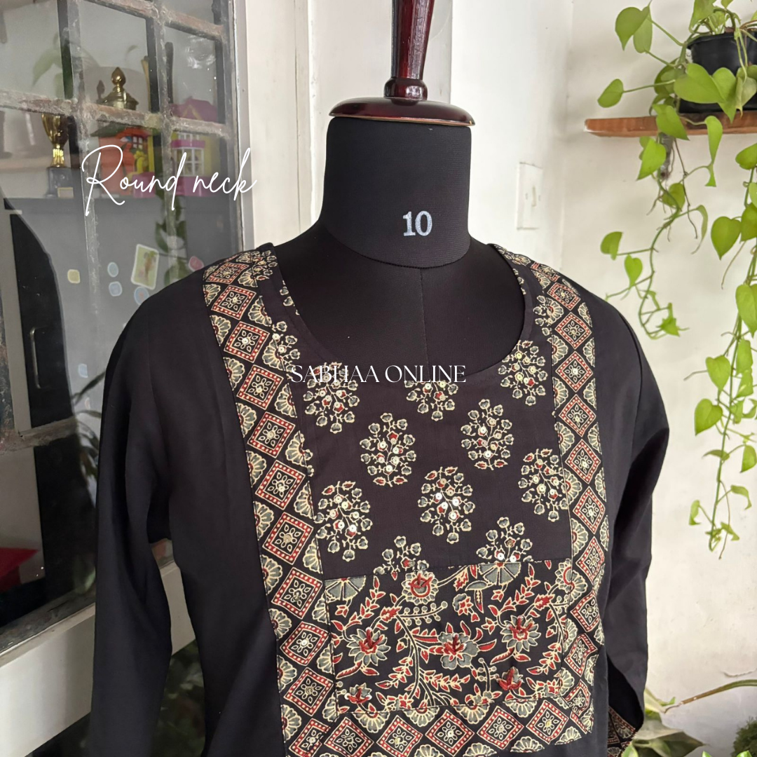 Rana - Black Solid + Ajrak printed Cotton Kurti 3pc set