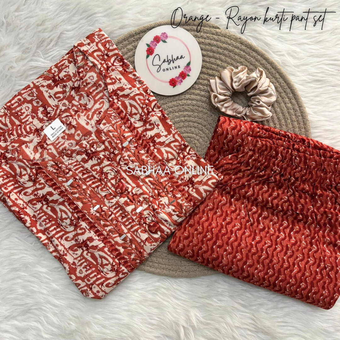 Orange - Rayon Kurti Pant set