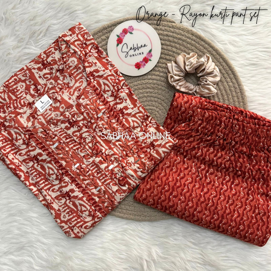 Orange - Rayon Kurti Pant set