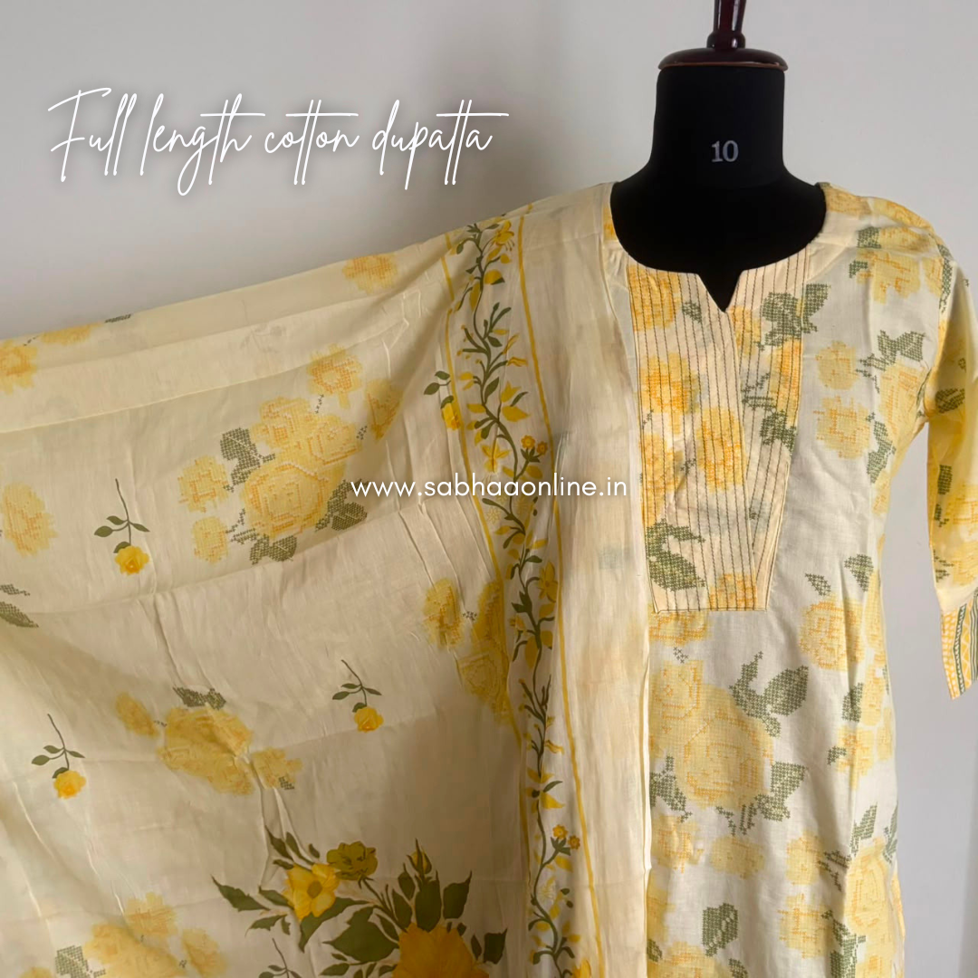 Nayana - Butter Yellow Cotton kurti 3pc set with lining - LN 65