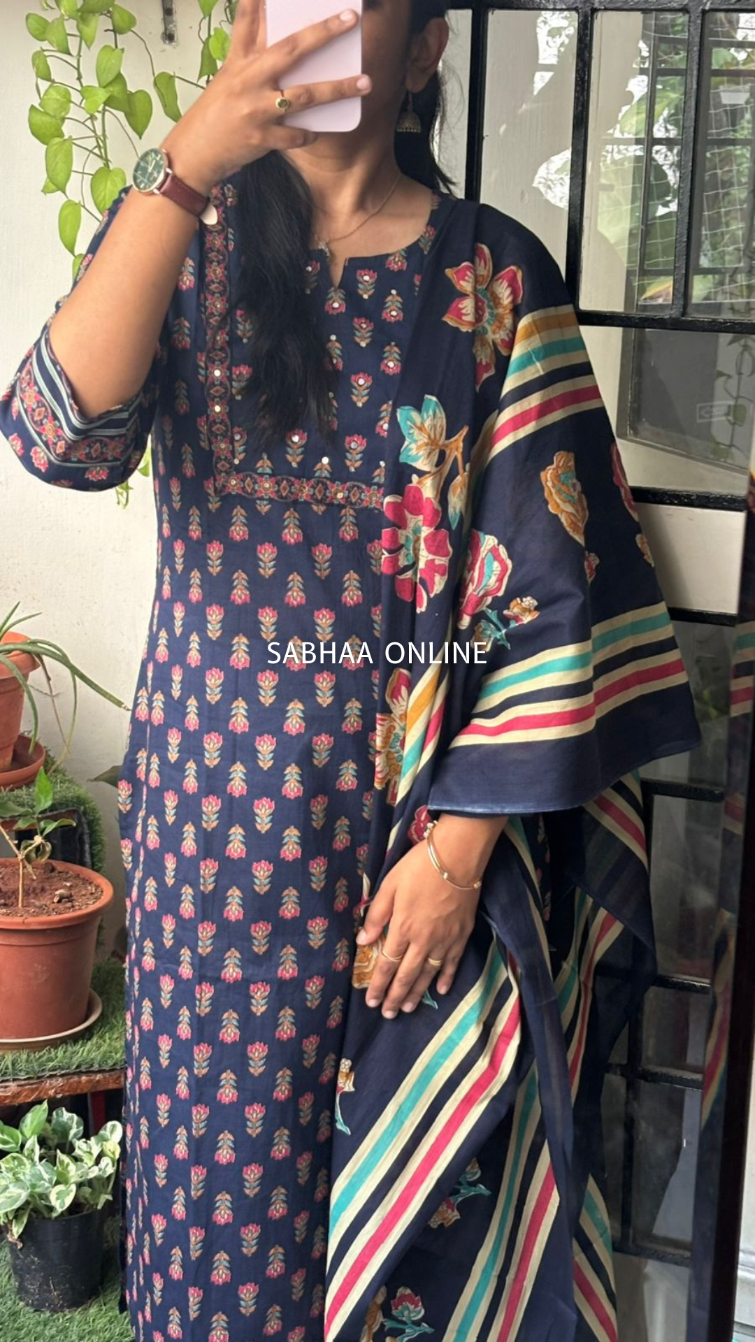 Aadya - Navy Blue Cotton Kurti 3pc set