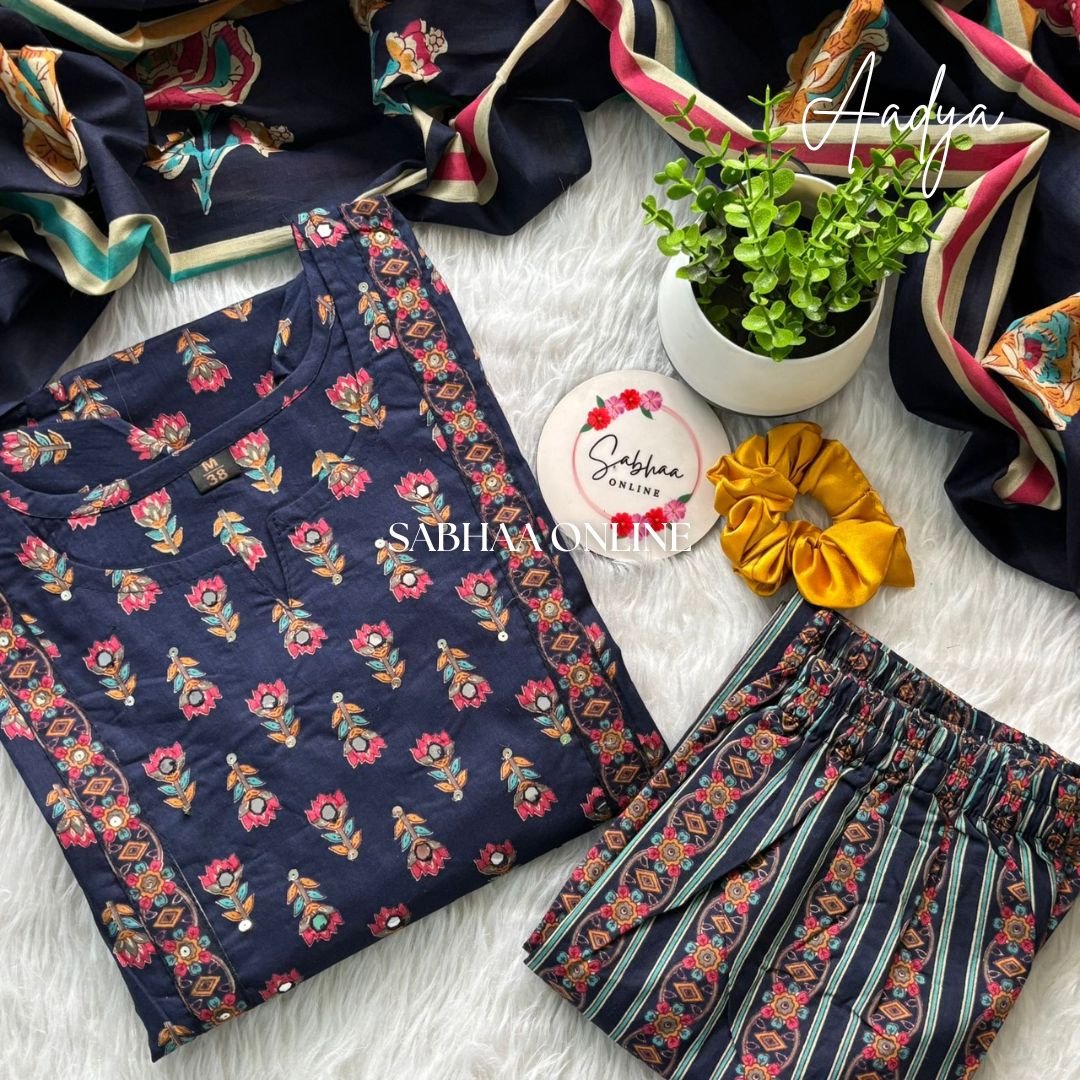 Aadya - Navy Blue Cotton Kurti 3pc set