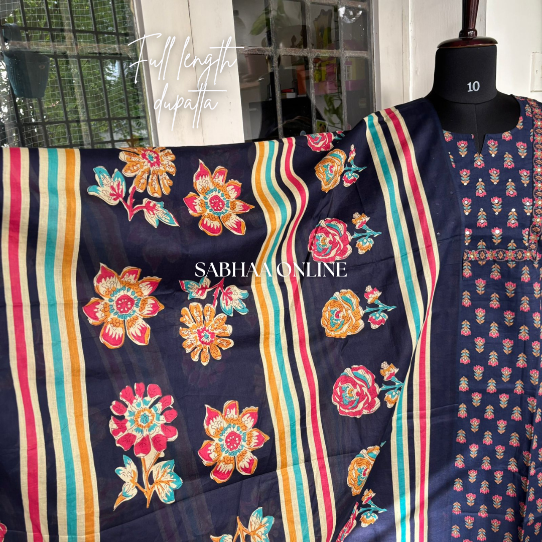 Aadya - Navy Blue Cotton Kurti 3pc set