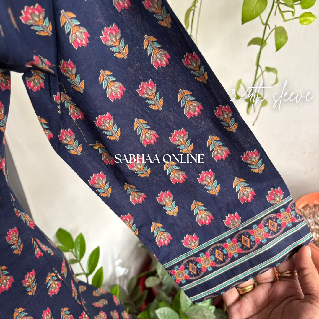 Aadya - Navy Blue Cotton Kurti 3pc set