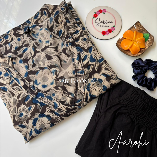 Aarohi - Dark Grey-Brown Kalamkari Cotton Kurti pant set
