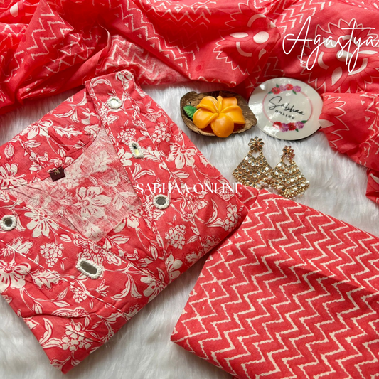 Agastya - Coral red Aline Kurti 3pc set