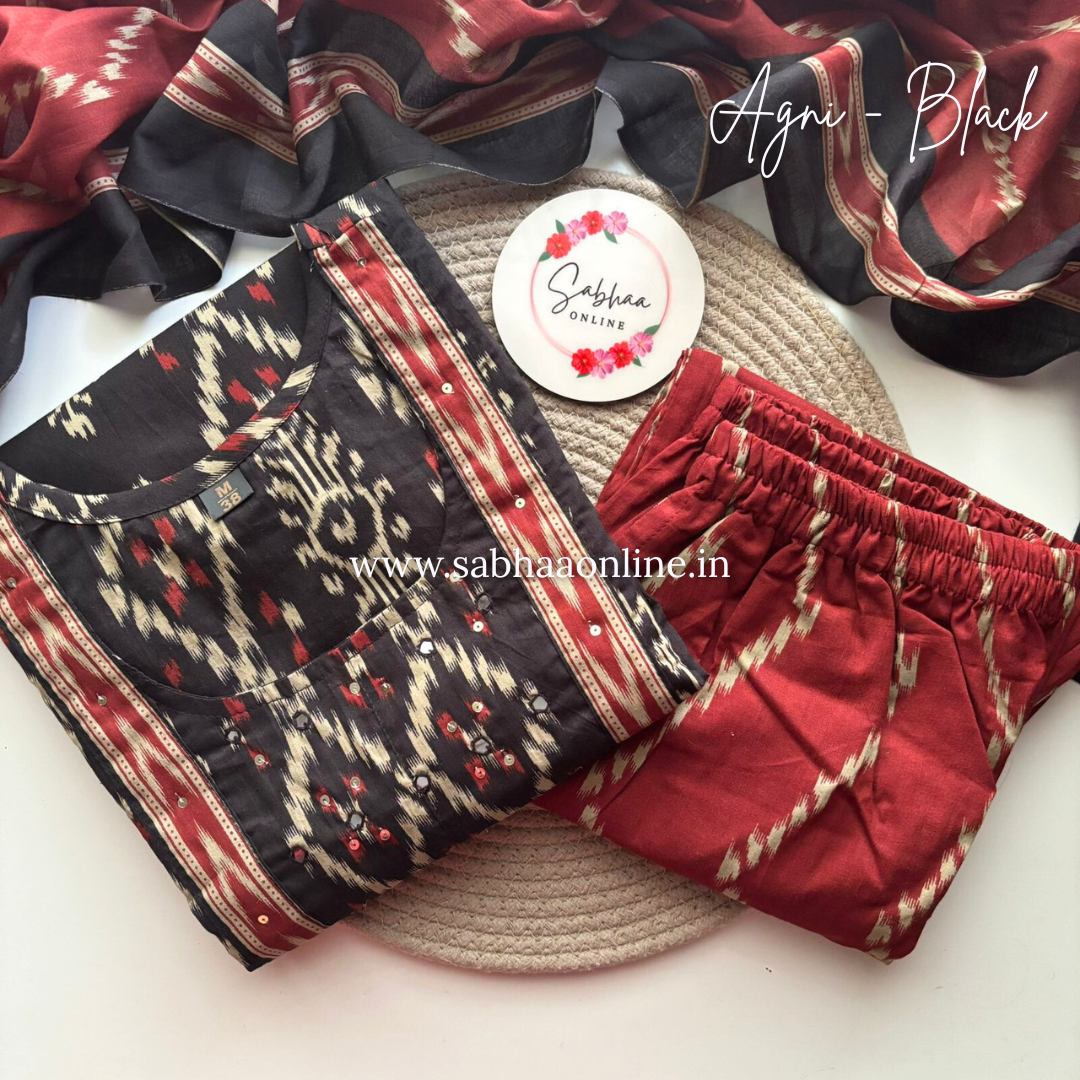 Agni - Black and Maroon Ikkat Cotton Kurti 3pc set - LN 19