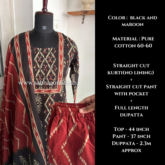 Agni - Black and Maroon Ikkat Cotton Kurti 3pc set - LN 19