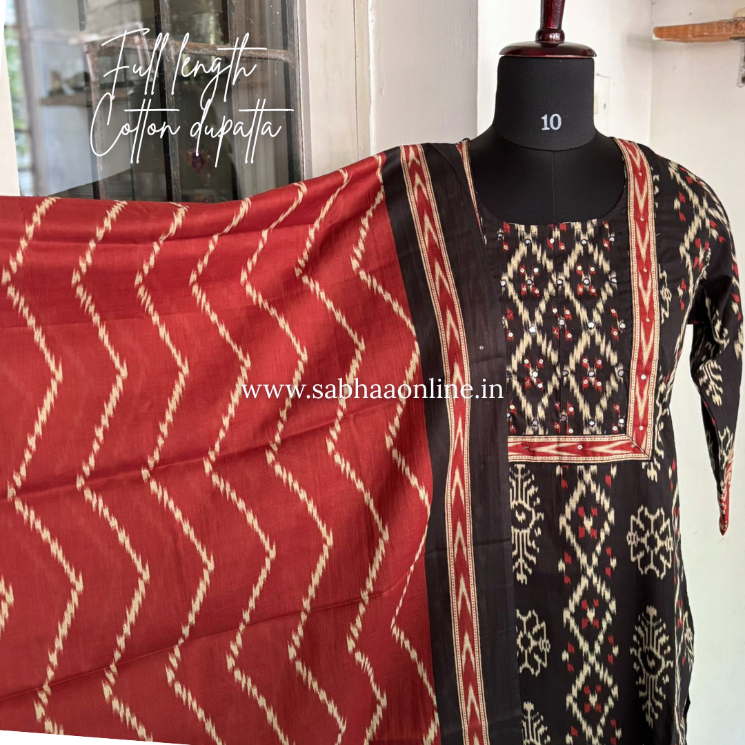 Agni - Black and Maroon Ikkat Cotton Kurti 3pc set - LN 19