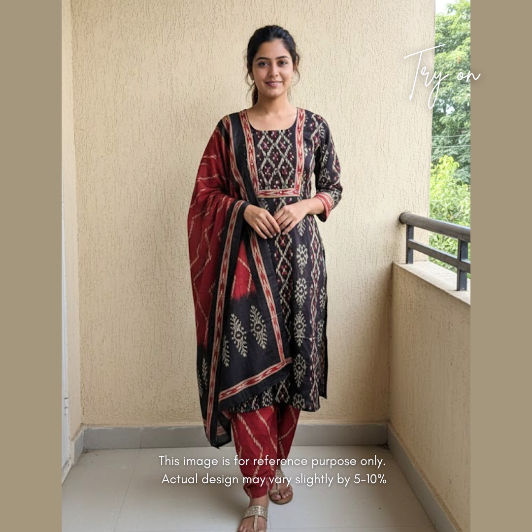Agni - Black and Maroon Ikkat Cotton Kurti 3pc set - LN 19