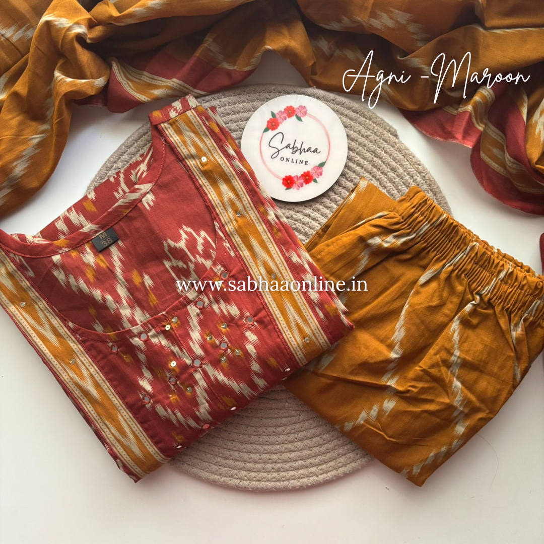 Agni - Maroon and Rust orange Ikkat Cotton Kurti 3pc set - LN 19