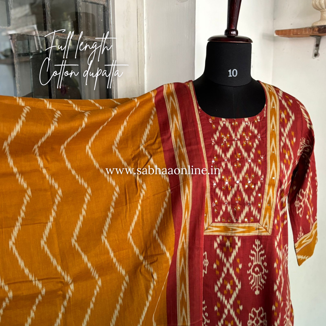 Agni - Maroon and Rust orange Ikkat Cotton Kurti 3pc set - LN 19