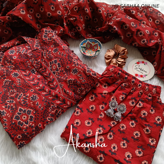 Akansha - Maroon Red Cotton Wrap-Around Anarkali kurti 3pc set