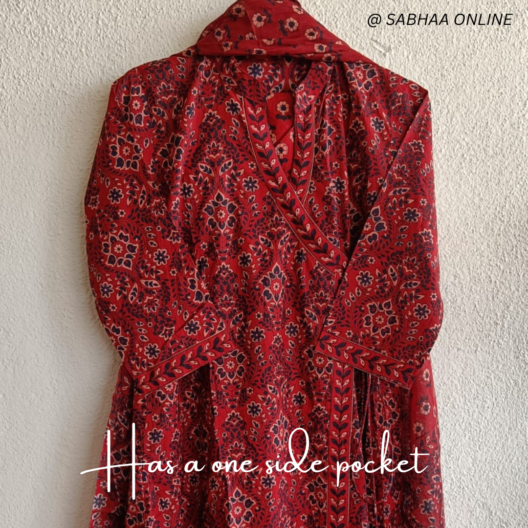 Akansha - Maroon Red Cotton Wrap-Around Anarkali kurti 3pc set