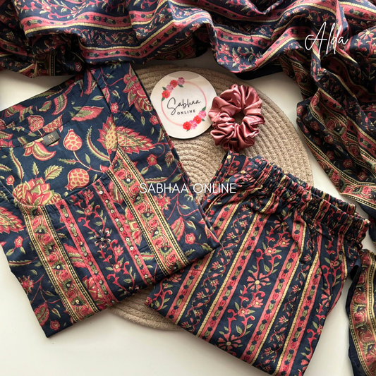 Alda - Dark Blue Cotton Kurti 3pc set