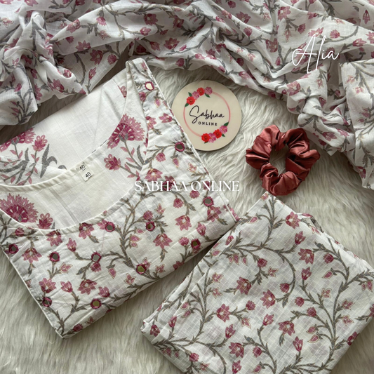 Alia - White and Pink Cotton Kurti 3pc set with lining (Slim fit)