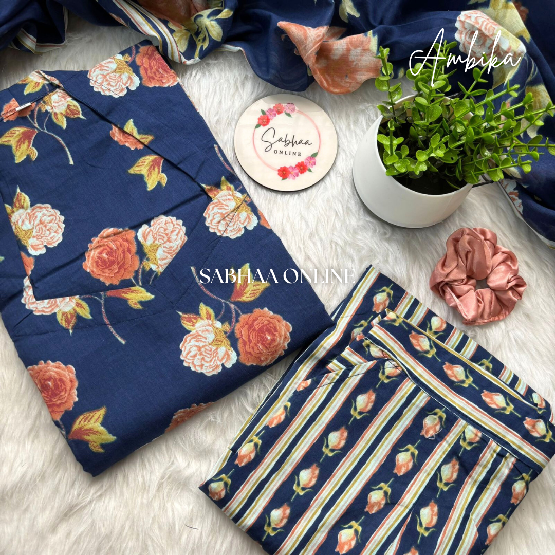 Ambika - Navy Blue Cotton Kurti 3pc set with lining (Slim fit)