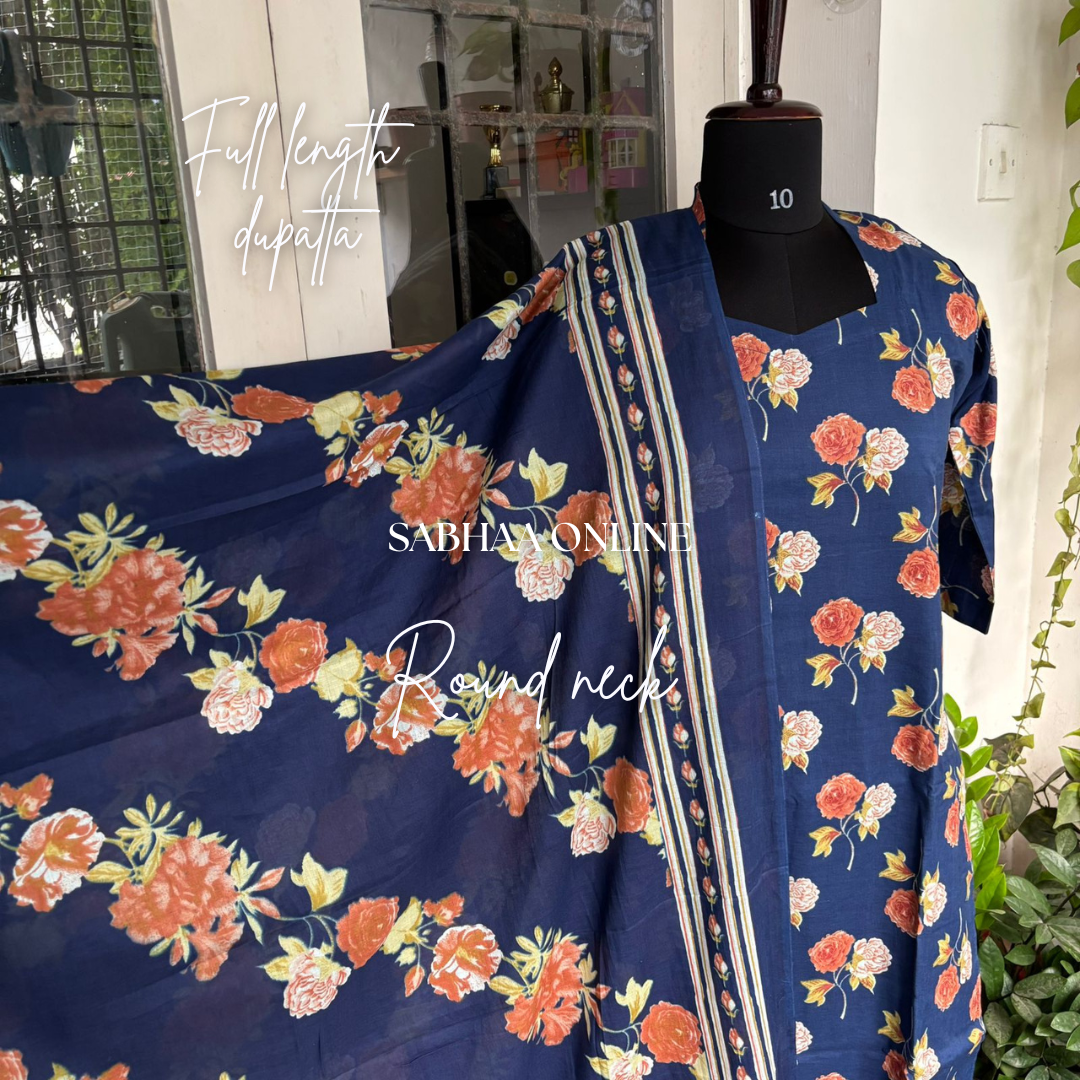 Ambika - Navy Blue Cotton Kurti 3pc set with lining (Slim fit)