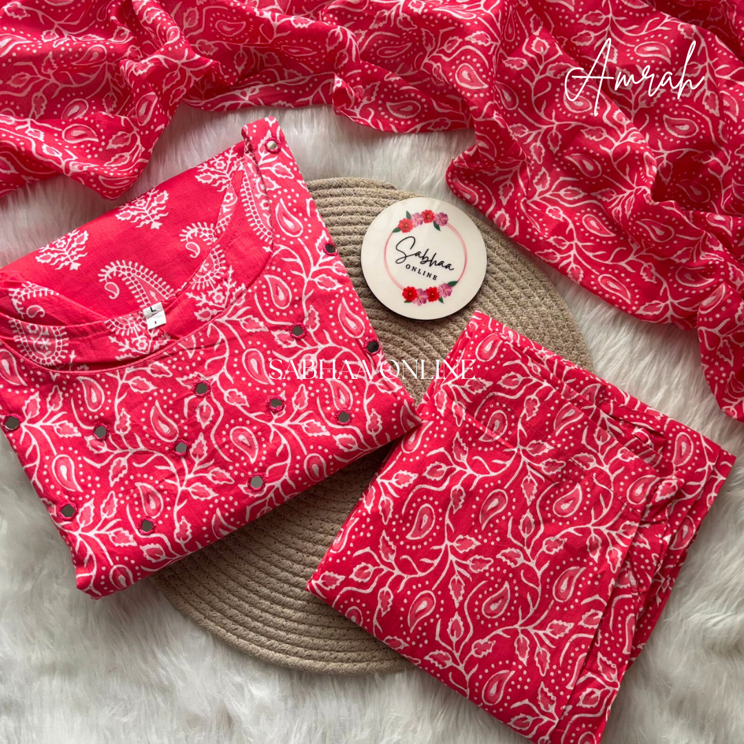 Amrah - Bright Pink Cotton Kurti 3pc set with lining