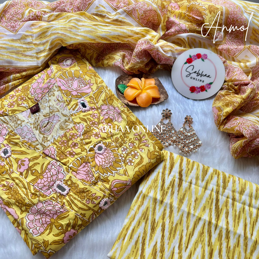Anmol - Yellow Cotton Aline Kurti 3pc set