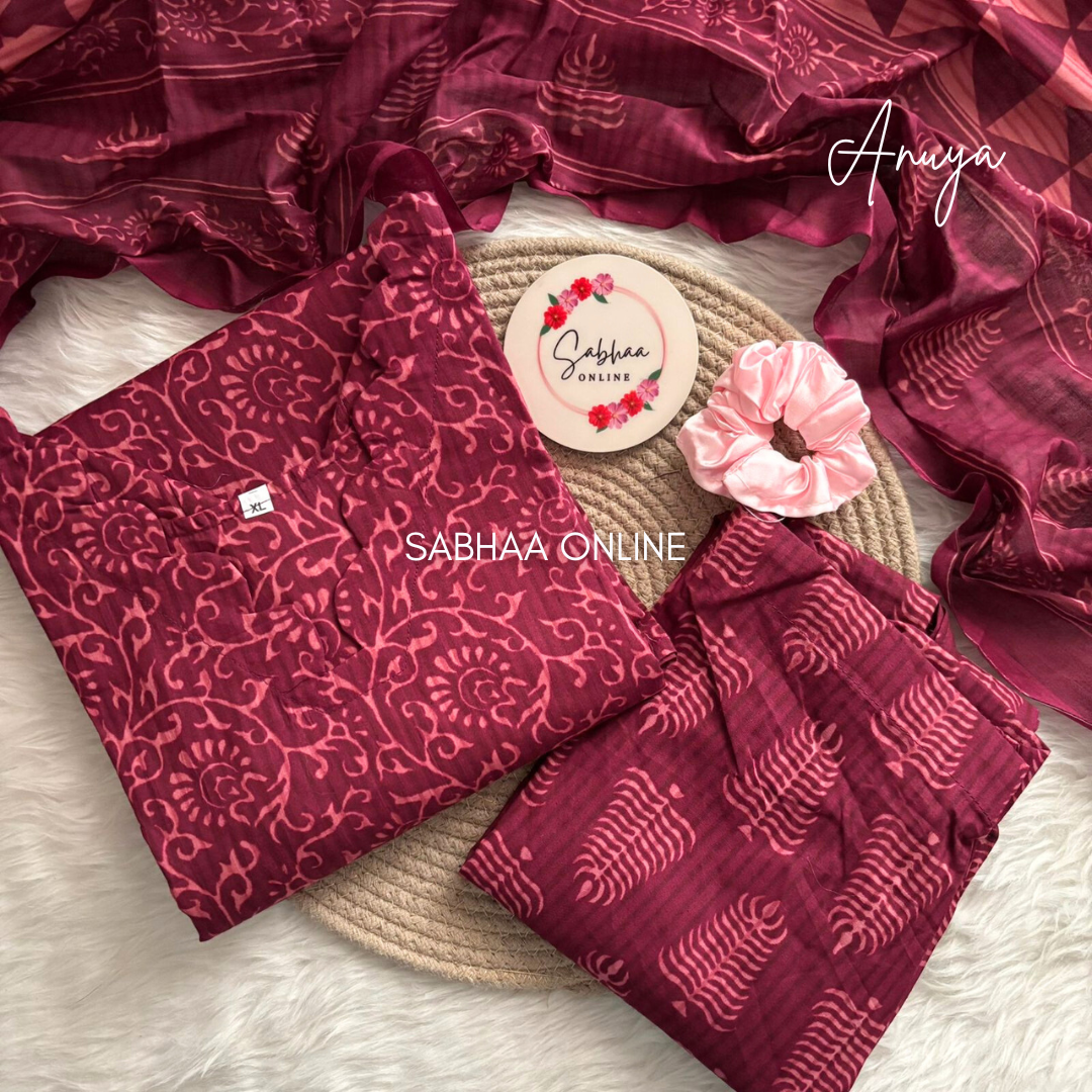 Anuya - Burgundy and Pink Cotton kurti 3pc set with lining- LN6