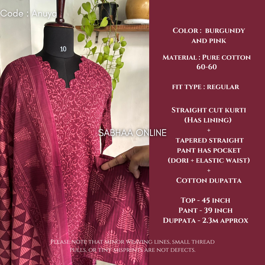 Anuya - Burgundy and Pink Cotton kurti 3pc set with lining- LN6