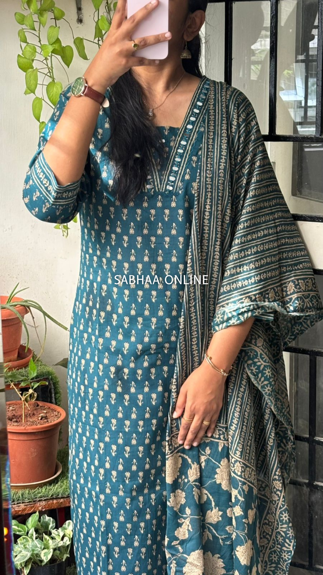 Aradhana - Dark teal and beige Cotton kurti 3pc set