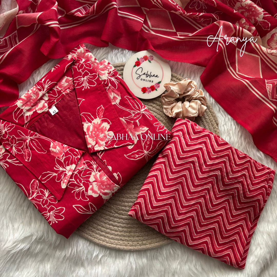 Aranya - Tomato Red Cotton Kurti 3pc set with lining - LN 18