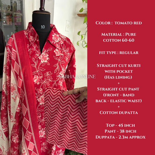 Aranya - Tomato Red Cotton Kurti 3pc set with lining - LN 18