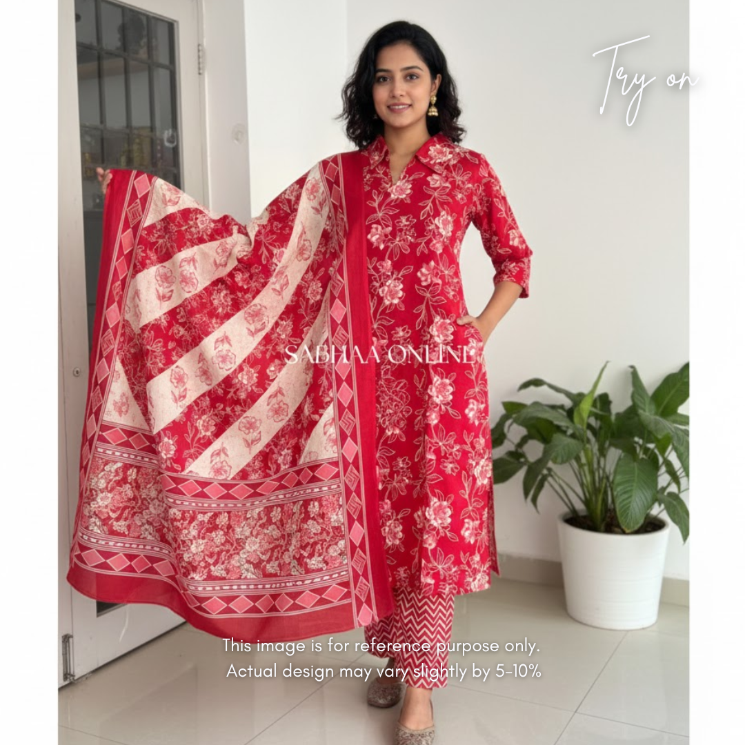 Aranya - Tomato Red Cotton Kurti 3pc set with lining - LN 18