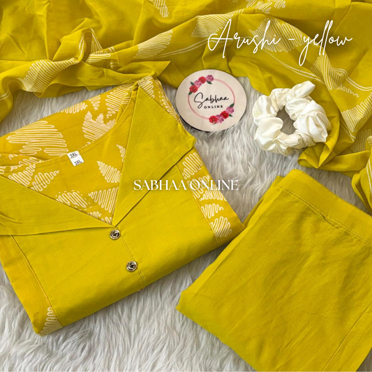 Arushi - Mix of Yellow Cotton Kurti 3pc set with lining