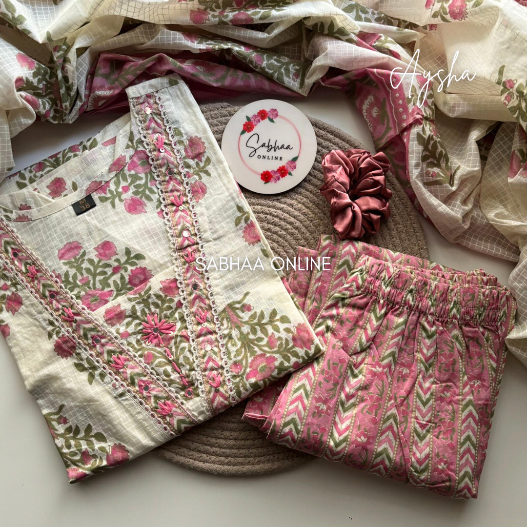 Aysha - Off white Cotton Kurti 3pc set- LN7