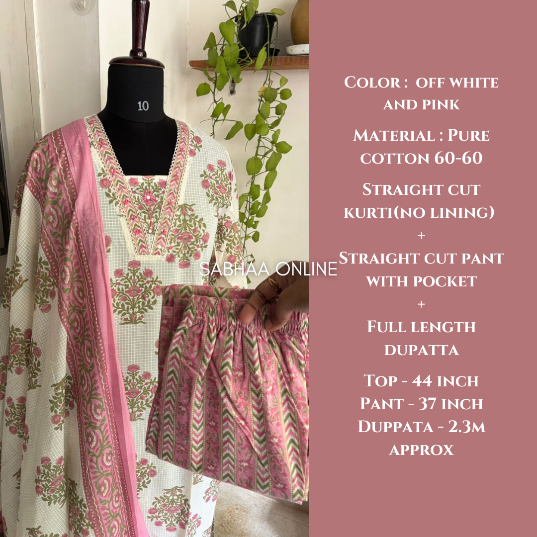Aysha - Off white Cotton Kurti 3pc set- LN7