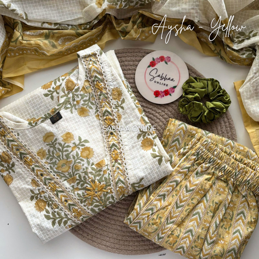 Aysha - Off white and yellow Cotton kurti 3pc set - LN 15
