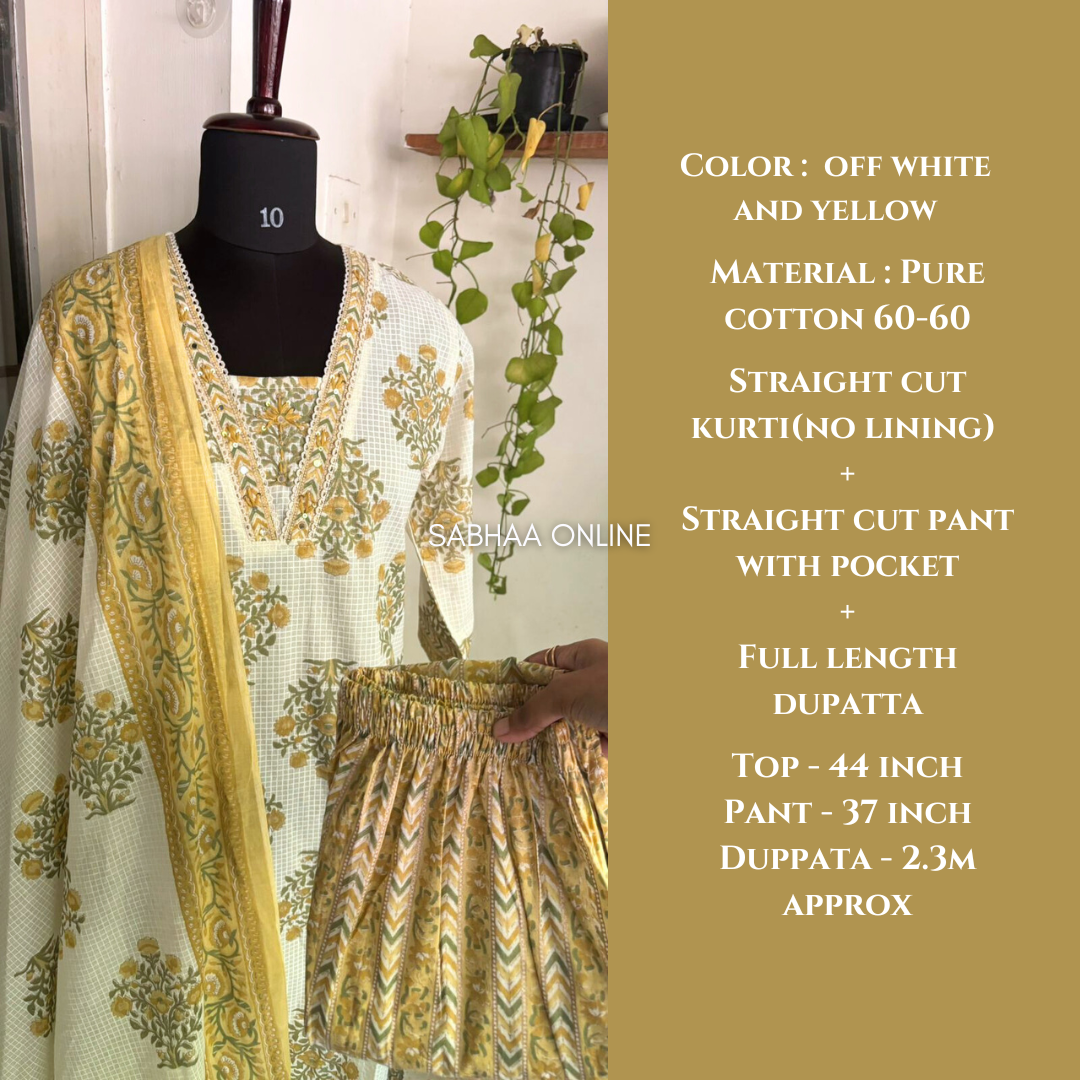 Aysha - Off white and yellow Cotton kurti 3pc set - LN 15