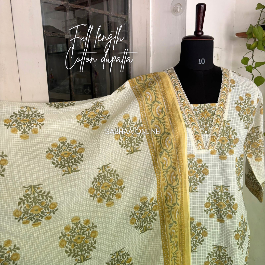 Aysha - Off white and yellow Cotton kurti 3pc set - LN 15