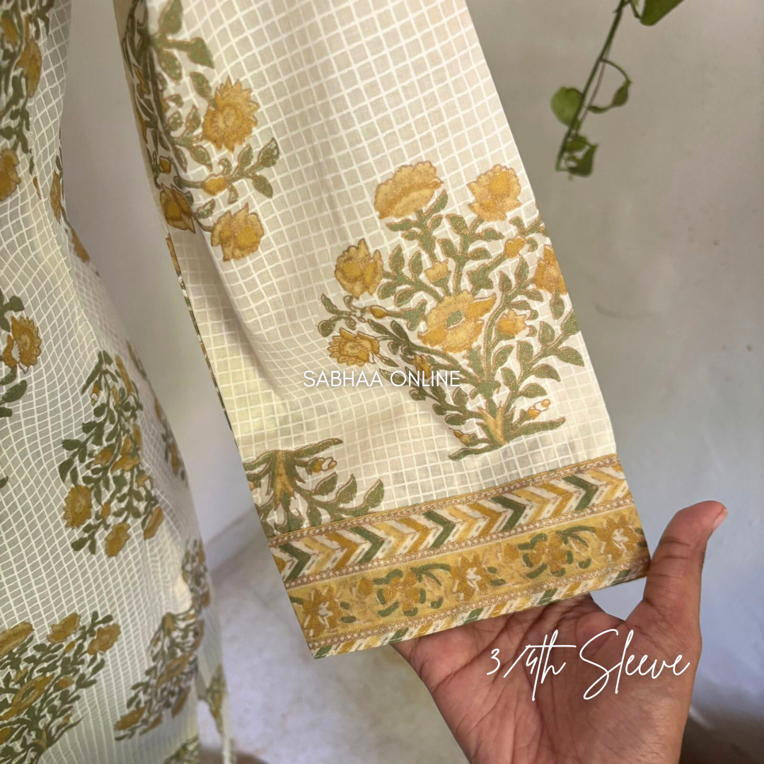 Aysha - Off white and yellow Cotton kurti 3pc set - LN 15