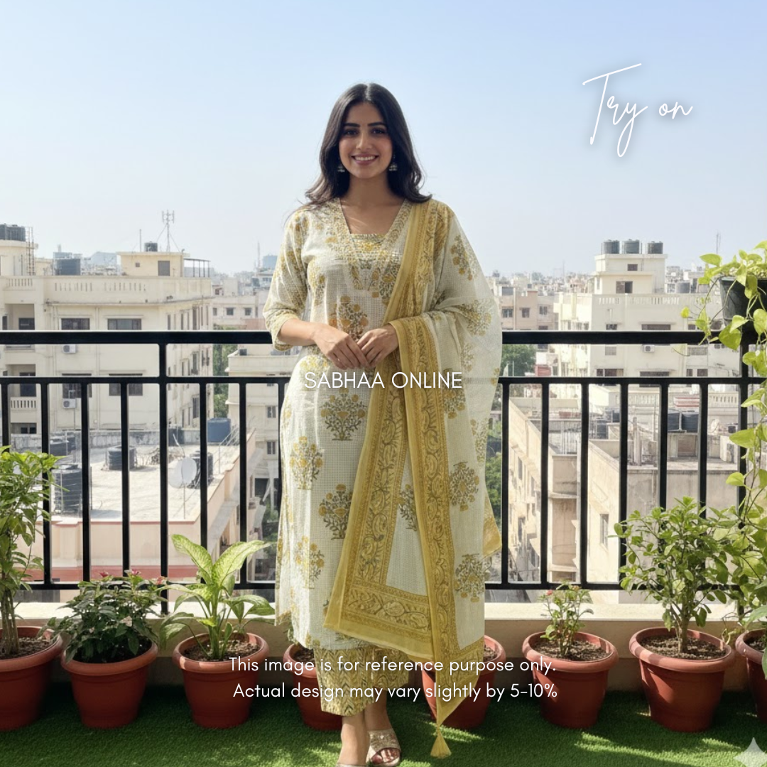 Aysha - Off white and yellow Cotton kurti 3pc set - LN 15