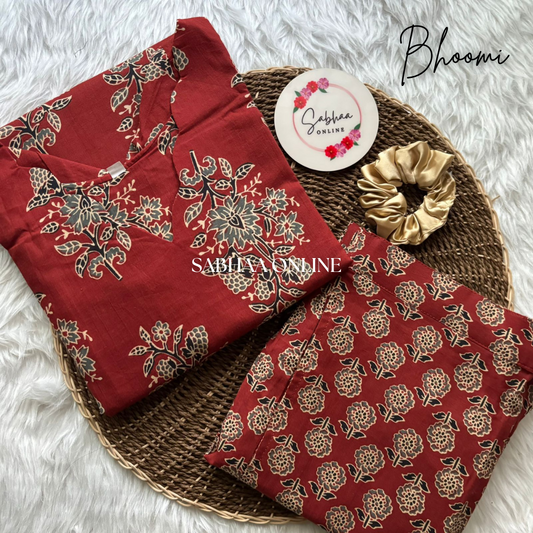 Bhoomi - Ajrakh Red Cotton Kurti pant set with lining