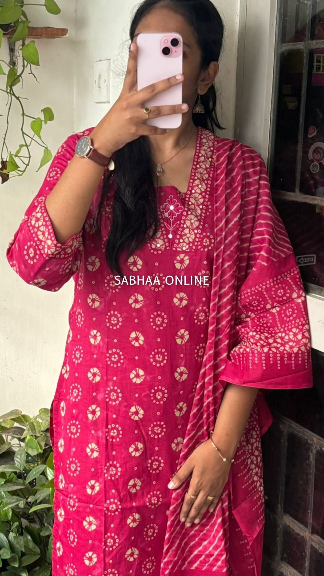 Chandni - Rani Pink Bandhej Cotton Kurti 3pc set